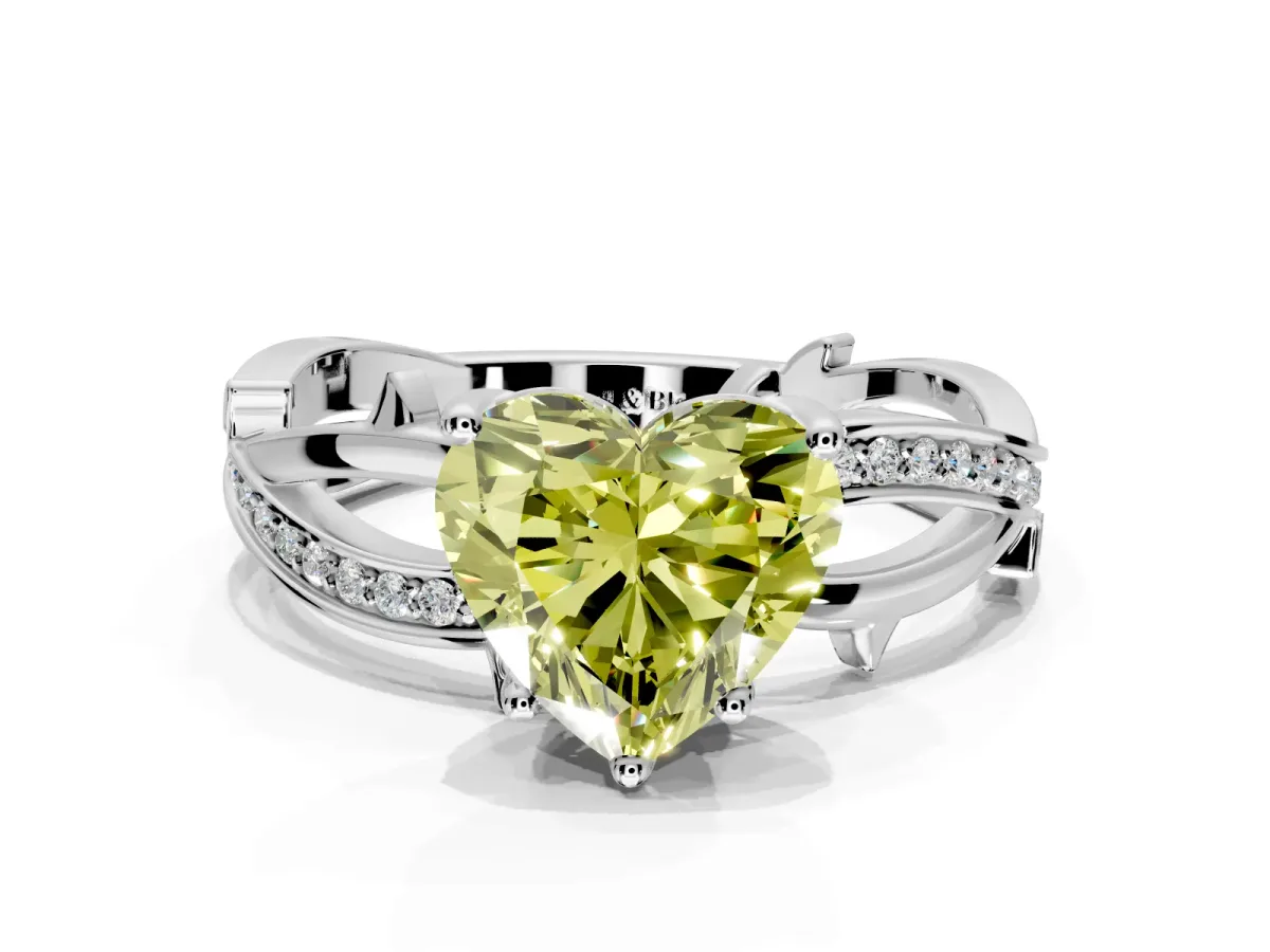 Solitaire Engagement Ring Setting for Fancy Yellow Heart-Shaped Center with Pave and Plain Crossover Band and Prong Head in Sterling Silver