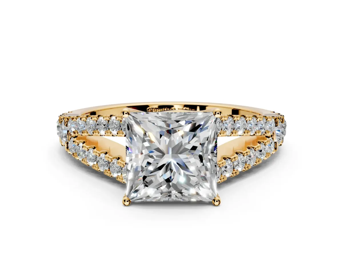 Solitaire Engagement Ring Setting for Princess Cut Center with Pave Split Shank and Prong Head in Yellow Gold