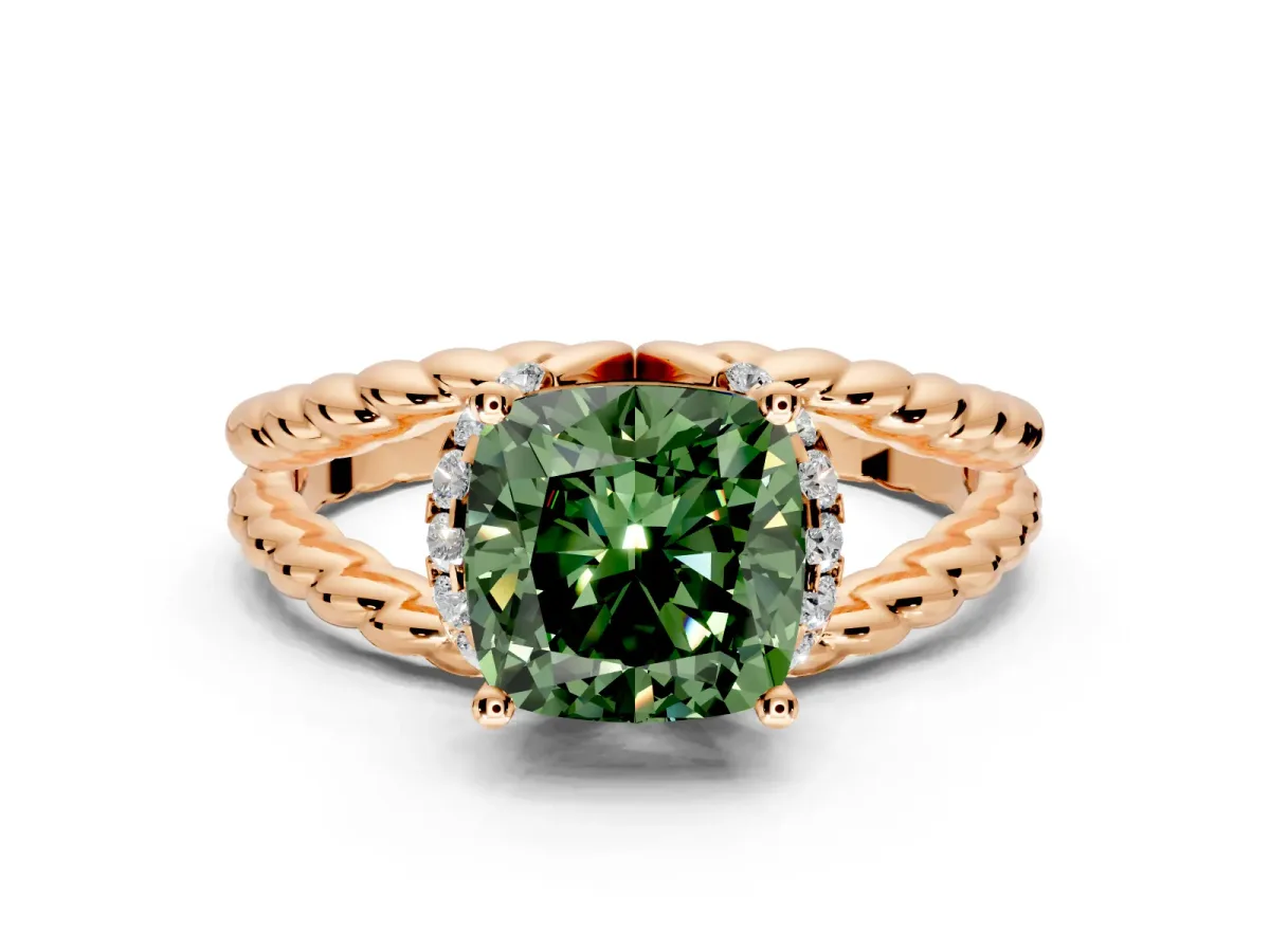 Halo Engagement Ring Setting for Fancy Green Cushion Cut Center with Rope Twist Split Shank and Prong Head in Rose Gold