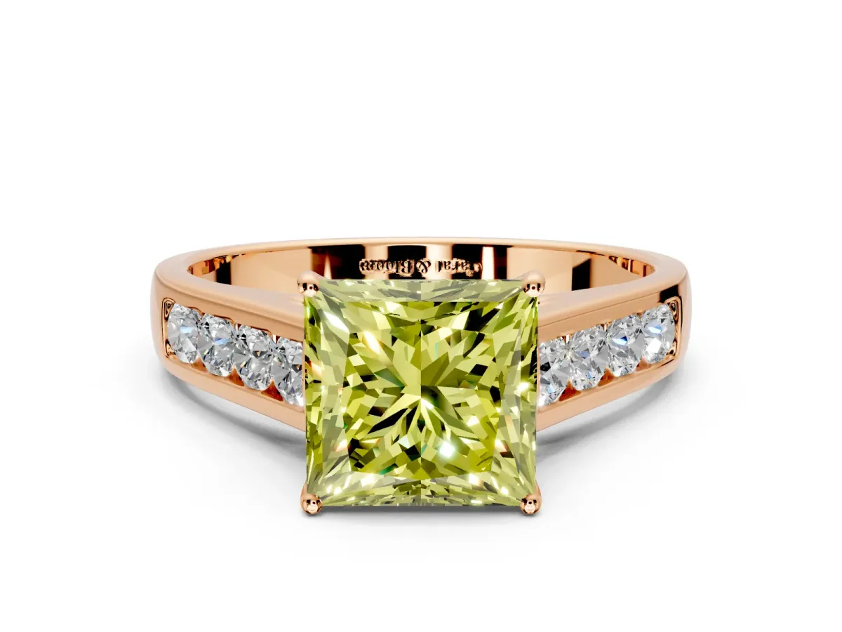 Solitaire Engagement Ring Setting for Fancy Yellow Princess Cut Center with Cathedral Channel Band and Prong Head in Rose Gold
