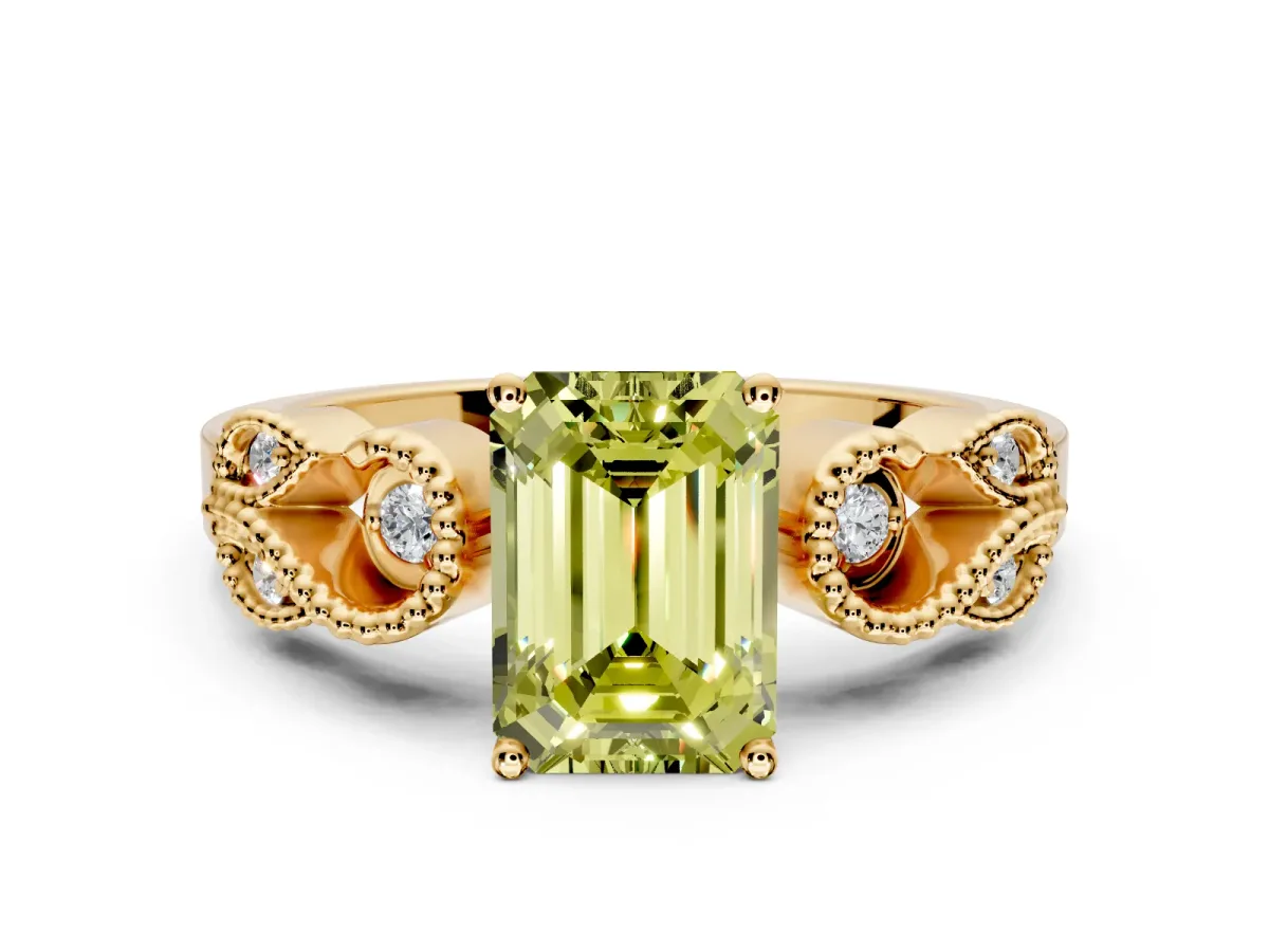 Leaf Engagement Ring Setting for Fancy Yellow Emerald Cut Center with Milgrain Accent Band and Prong Head in Yellow Gold