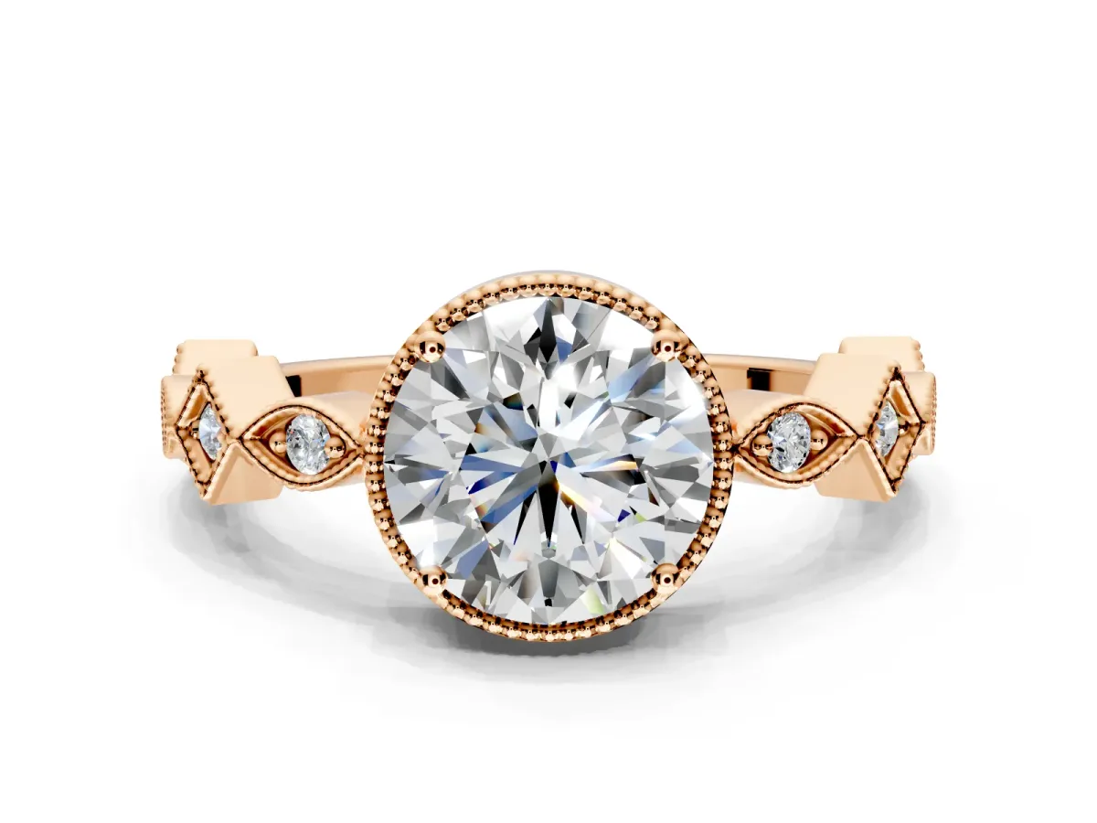 Milgrain Bezel Engagement Ring Setting for Round Cut Center with Marquise Stations and Bezel Head in Rose Gold