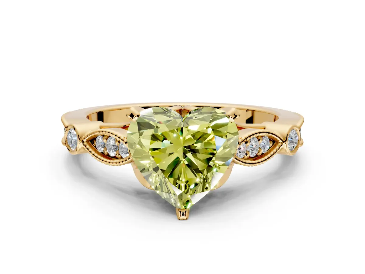 Solitaire Engagement Ring Setting for Fancy Yellow Heart-Shaped Center with Marquise and Bezel Accents and Prong Head in Yellow Gold