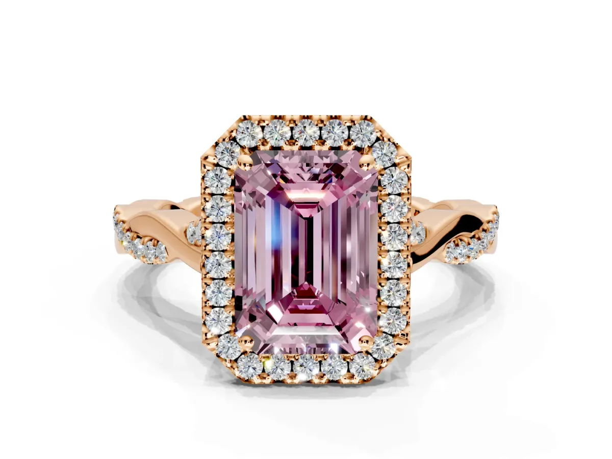 Halo Engagement Ring Setting for Fancy Pink Emerald Cut Center with Twist Band and Prong Head in Rose Gold