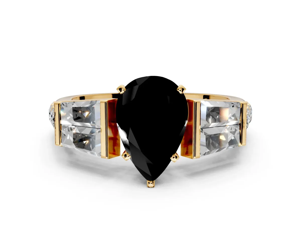 Channel-Set Engagement Ring Setting for Fancy Black Pear-Shaped Center with Baguette Band and Prong Head in Yellow Gold