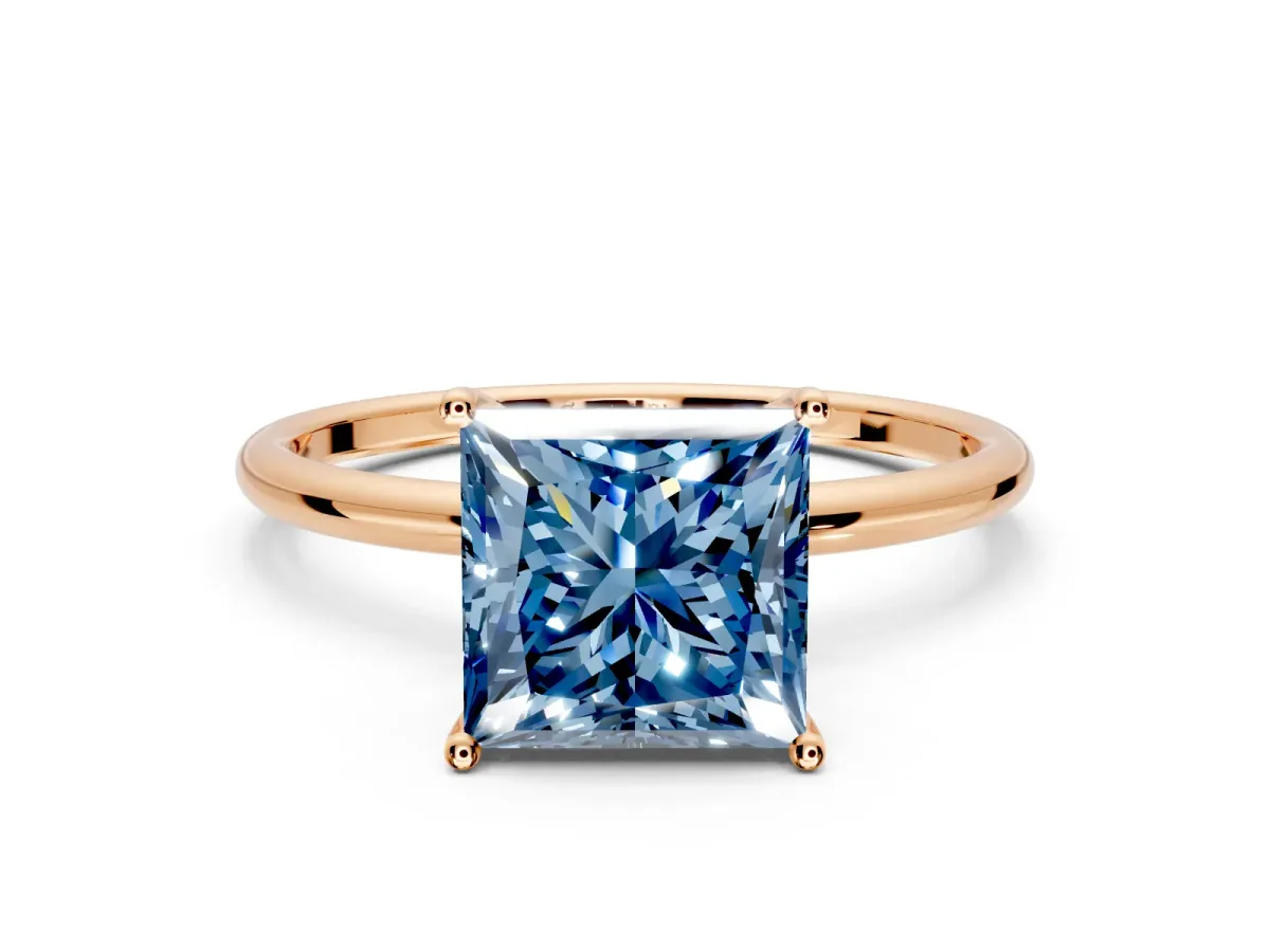 Solitaire Engagement Ring Setting for Fancy Blue Princess Cut Center with Straight Thin Band and Prong Head in Rose Gold