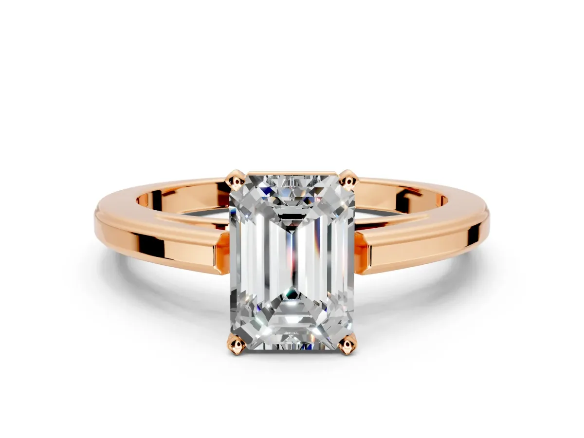 Solitaire Engagement Ring Setting for Emerald Cut Center with Flat-Sided Plain Band and Prong Head in Rose Gold