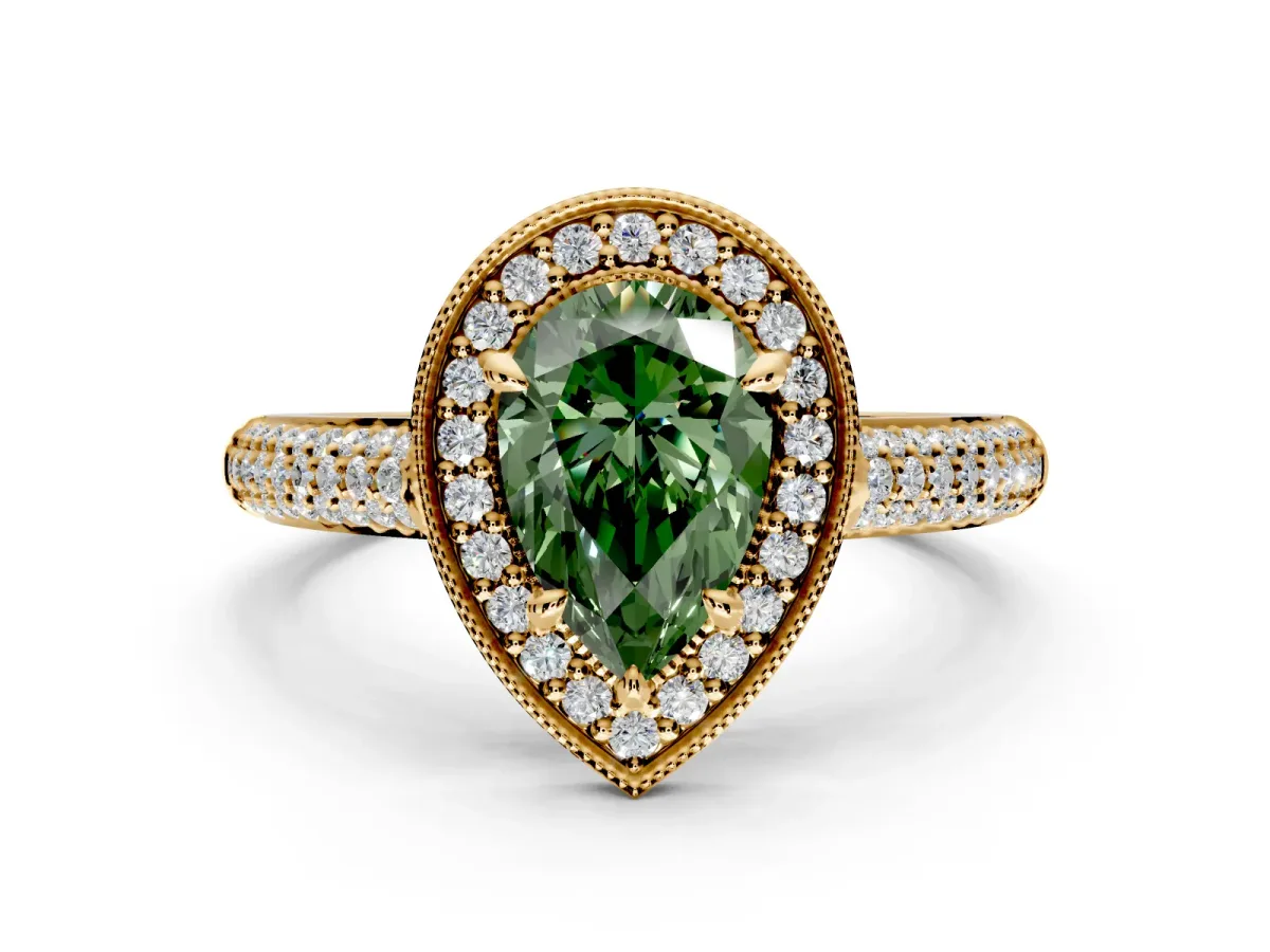 Milgrain Halo Engagement Ring Setting for Fancy Green Pear-Shaped Center with Three-Sided Pave Band and Prong Head in Yellow Gold