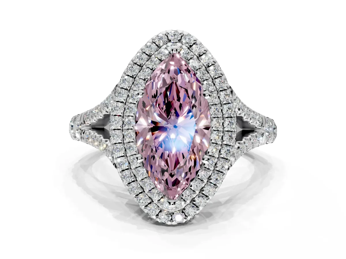 Double Halo Engagement Ring Setting for Fancy Pink Marquise Center with Narrow Pave Split Shank and Prong Head in Sterling Silver