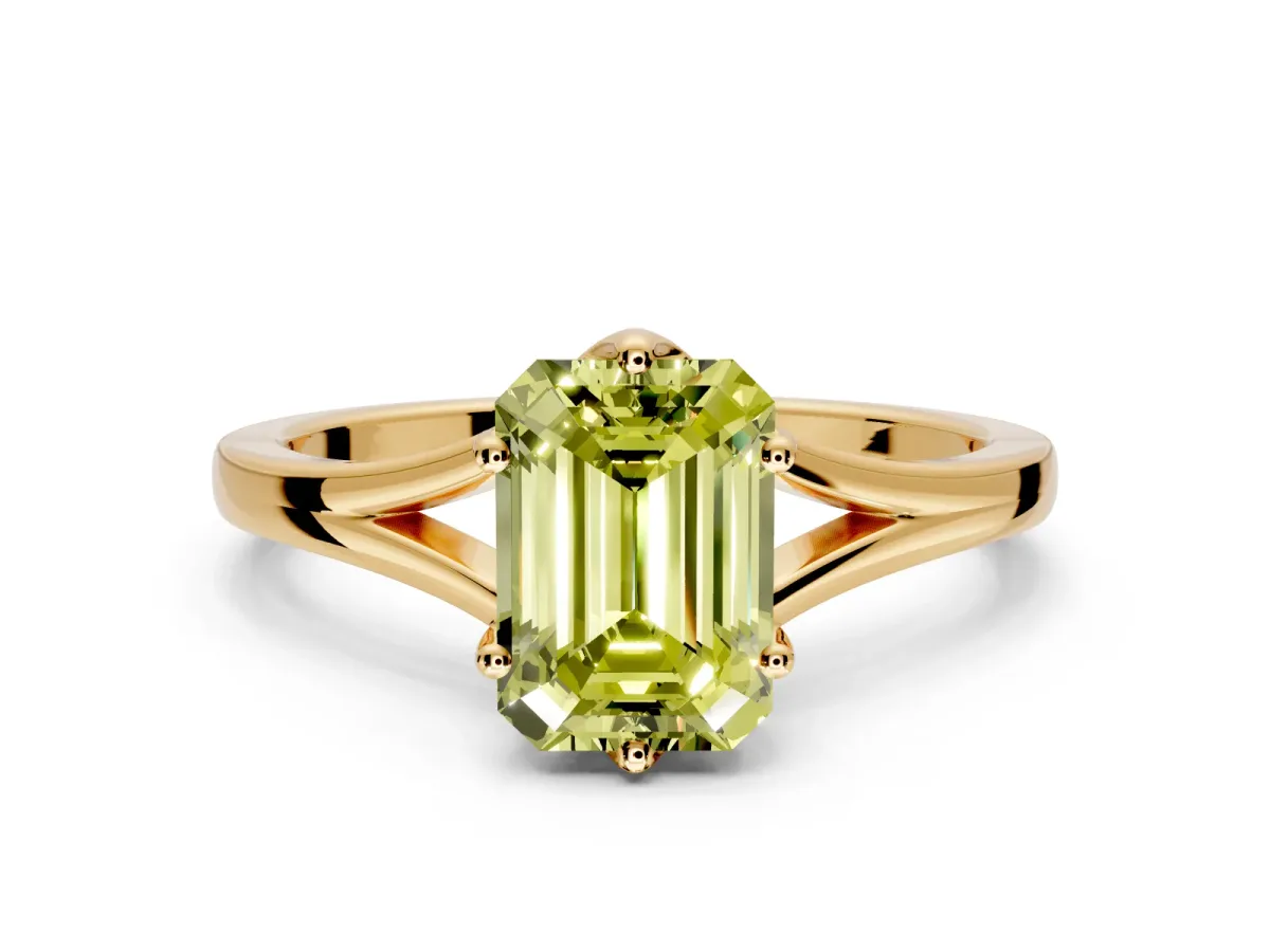 Solitaire Engagement Ring Setting for Fancy Yellow Emerald Cut Center with Plain Split Shank and Prong Head in Yellow Gold