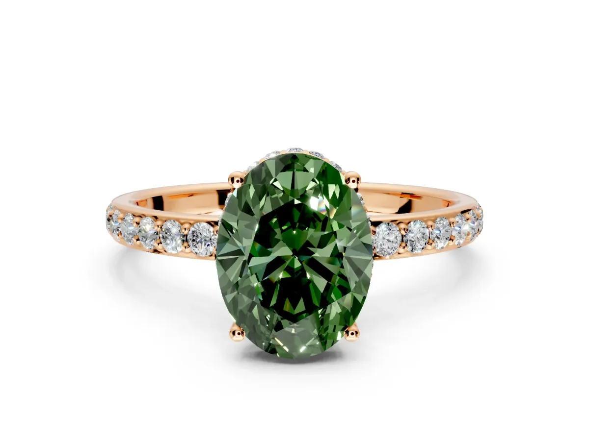 Hidden Halo Engagement Ring Setting for Fancy Green Oval Center with Pave Band and Prong Head in Rose Gold