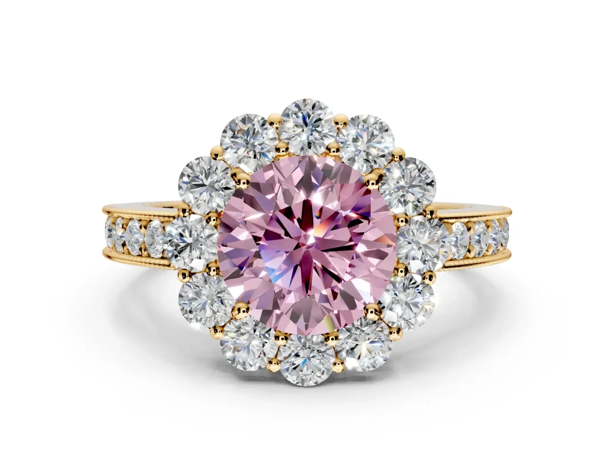 Halo Engagement Ring Setting for Fancy Pink Round Cut Center with Milgrain Channel Band and Prong Head in Yellow Gold