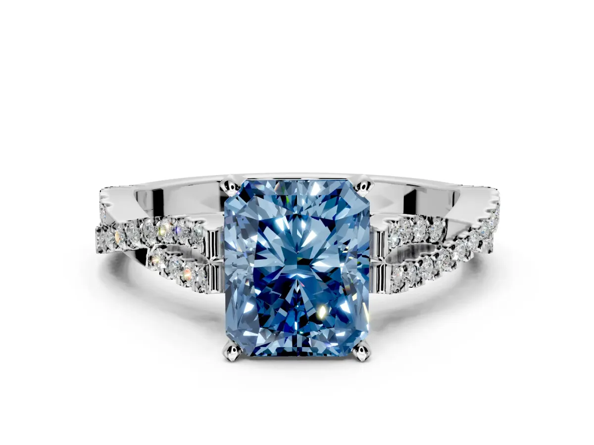 Solitaire Engagement Ring Setting for Fancy Blue Radiant Cut Center with Twisted Pave Split Shank and Prong Head in Sterling Silver