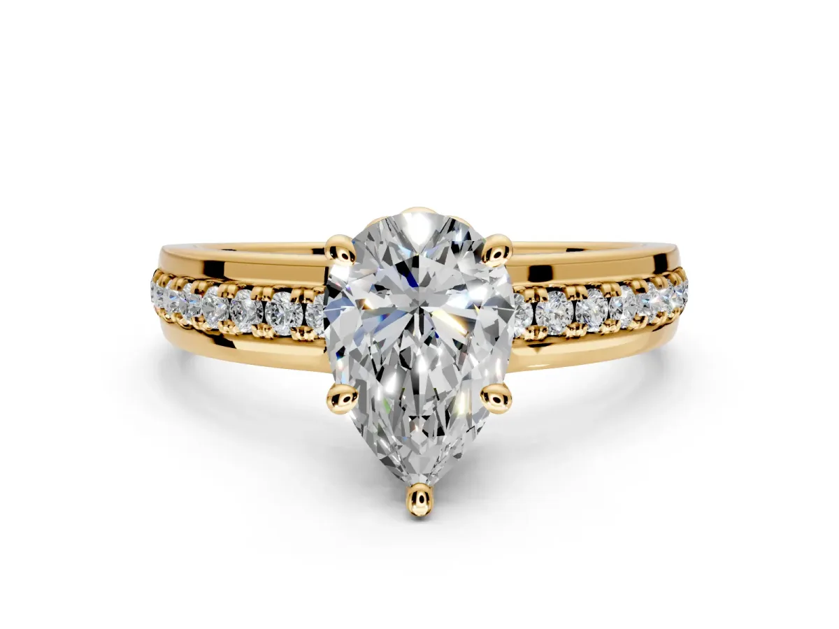 Solitaire Engagement Ring Setting for Pear-Shaped Center with Raised Channel Band and Prong Head in Yellow Gold