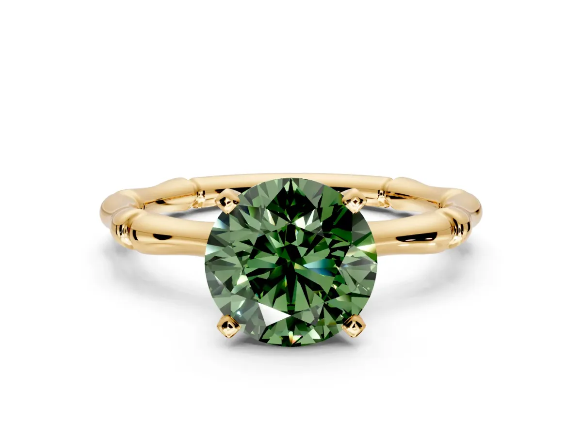 Solitaire Engagement Ring Setting for Fancy Green Round Cut Center with Bamboo Band and Prong Head in Yellow Gold