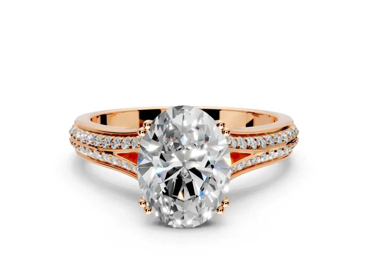 Solitaire Engagement Ring Setting for Oval Center with Pave Rail Split Shank and Prong Head in Rose Gold
