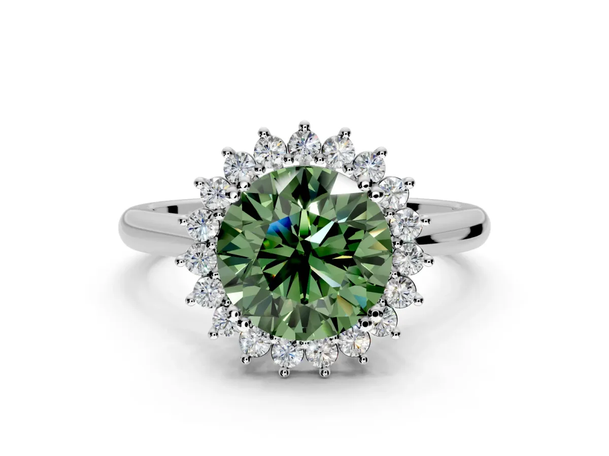 Starburst Halo Engagement Ring Setting for Fancy Green Round Cut Center with Thin Round-Wire Band and Prong Head in White Gold