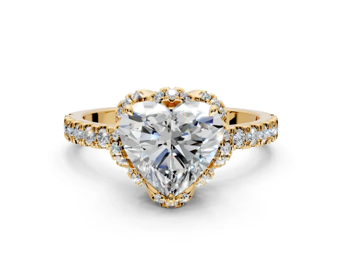 Halo Engagement Ring Setting for Heart-Shaped Center with Openwork Halo, Pave Band and Prong Head in Yellow Gold