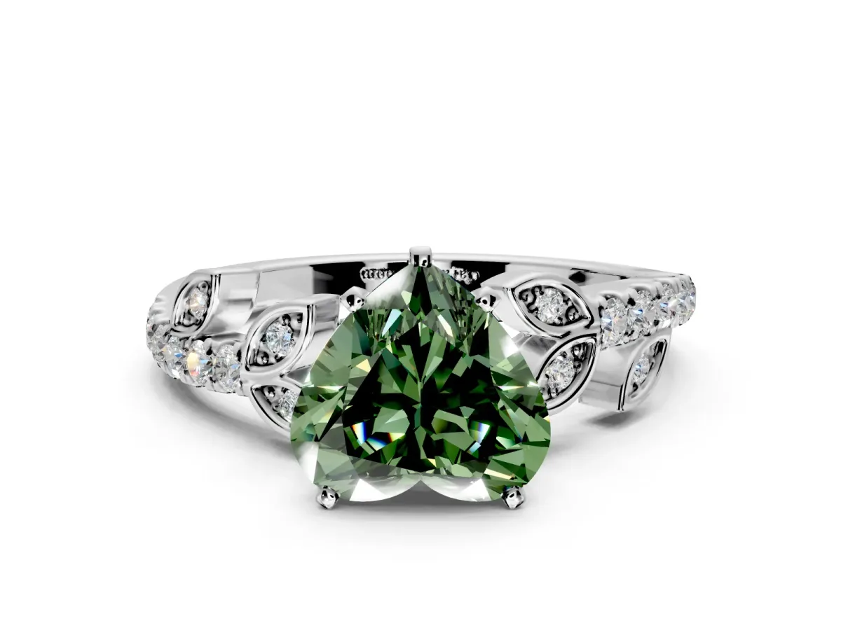 Leaf Motif Engagement Ring Setting for Fancy Green Heart-Shaped Center with Pave Band and Prong Head in Platinum