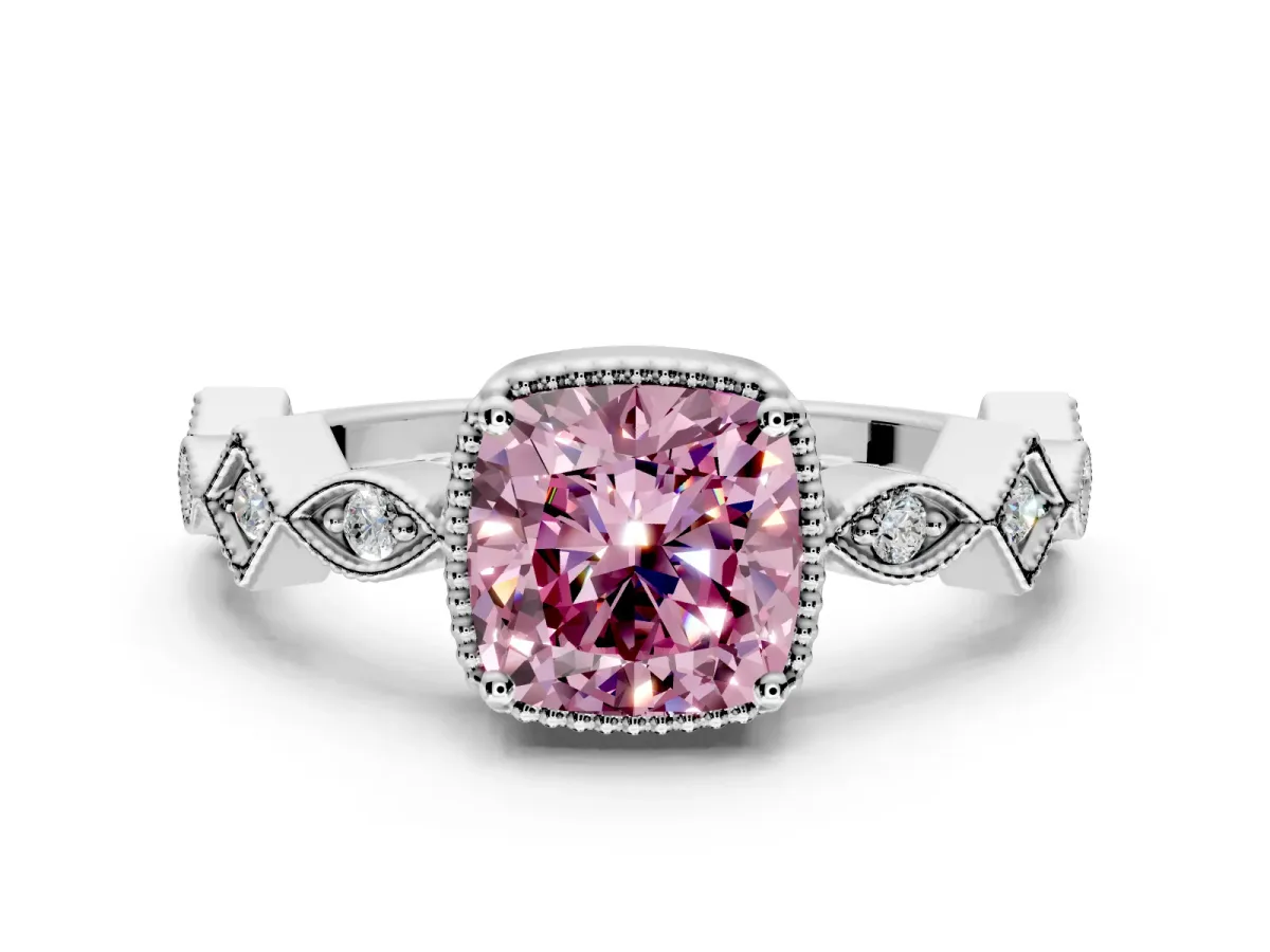 Milgrain Bezel Engagement Ring Setting for Fancy Pink Cushion Cut Center with Marquise Stations and Bezel Head in White Gold