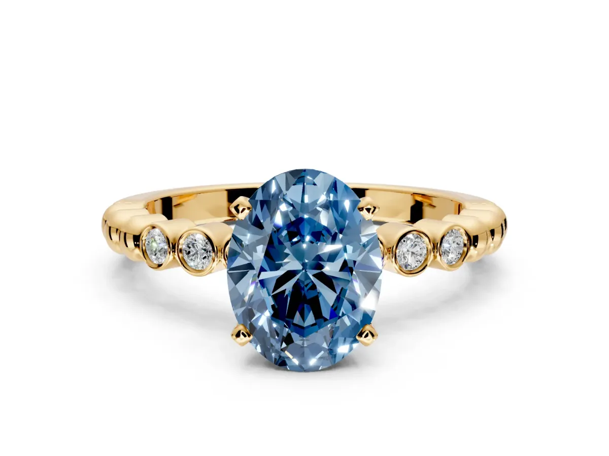 Solitaire Engagement Ring Setting for Fancy Blue Oval Center with Bezel-Dot Beaded Band and Prong Head in Yellow Gold