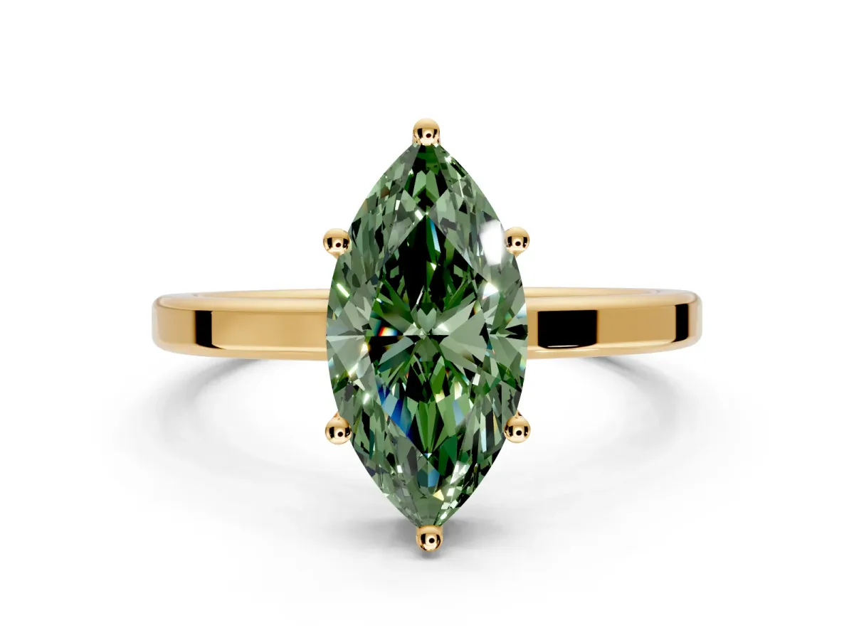 Hidden Halo Engagement Ring Setting for Fancy Green Marquise Center with Wide Flat Plain Band and Prong Head in Yellow Gold