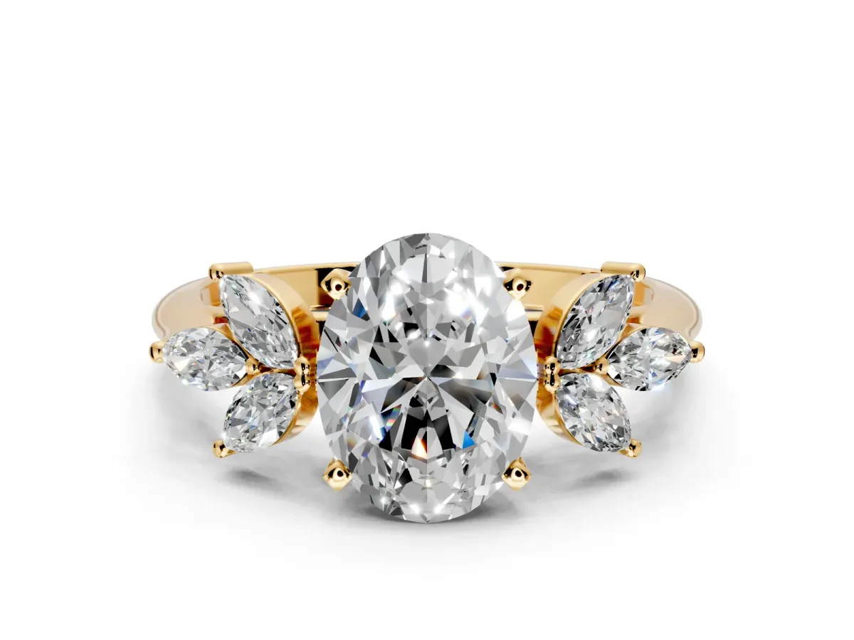 Floral Cluster Engagement Ring Setting for Oval Center with Marquise Accents and Prong Head in Yellow Gold