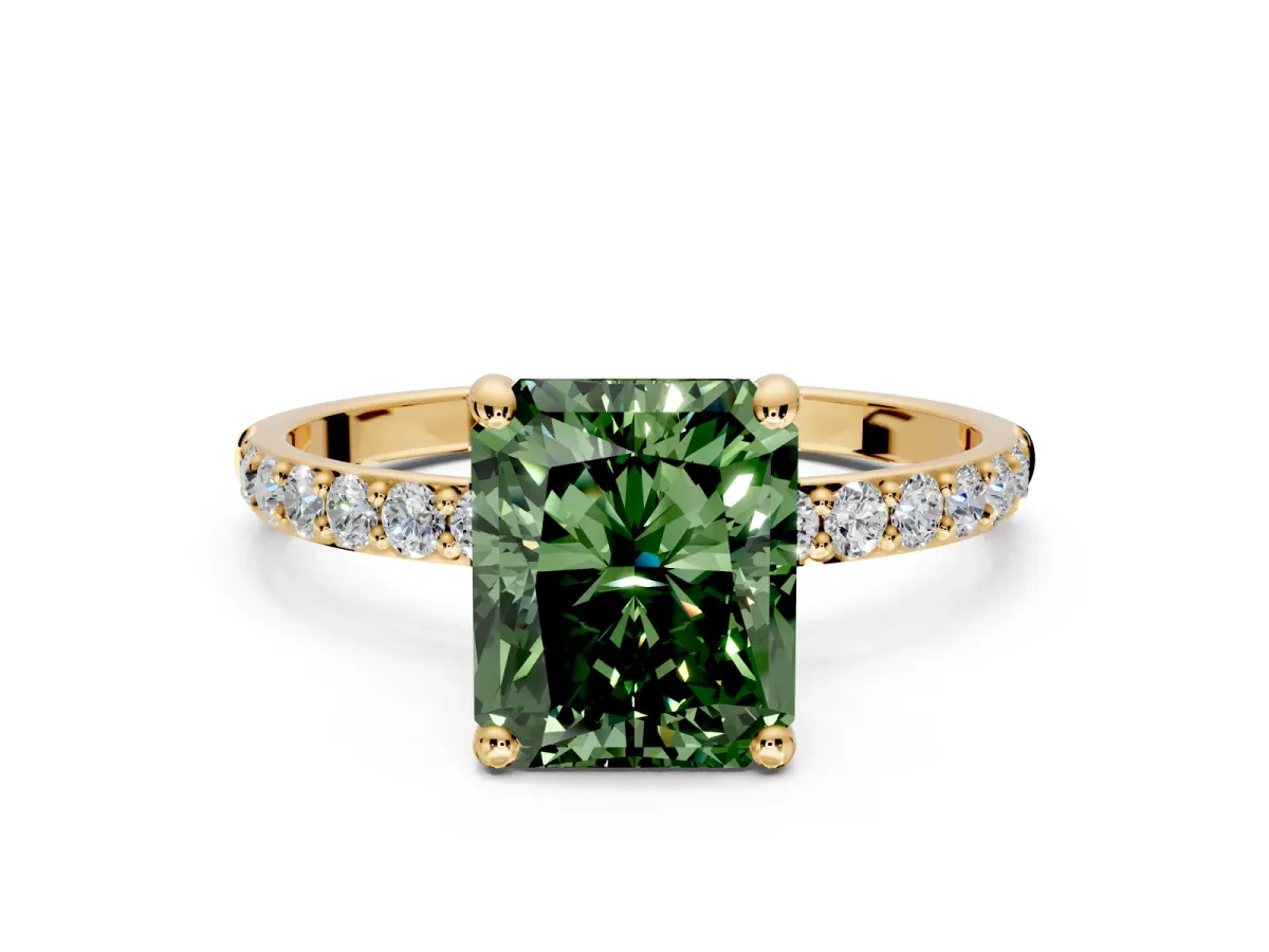Solitaire Engagement Ring Setting for Fancy Green Radiant Cut Center with Pave Accents and Prong Head in Yellow Gold