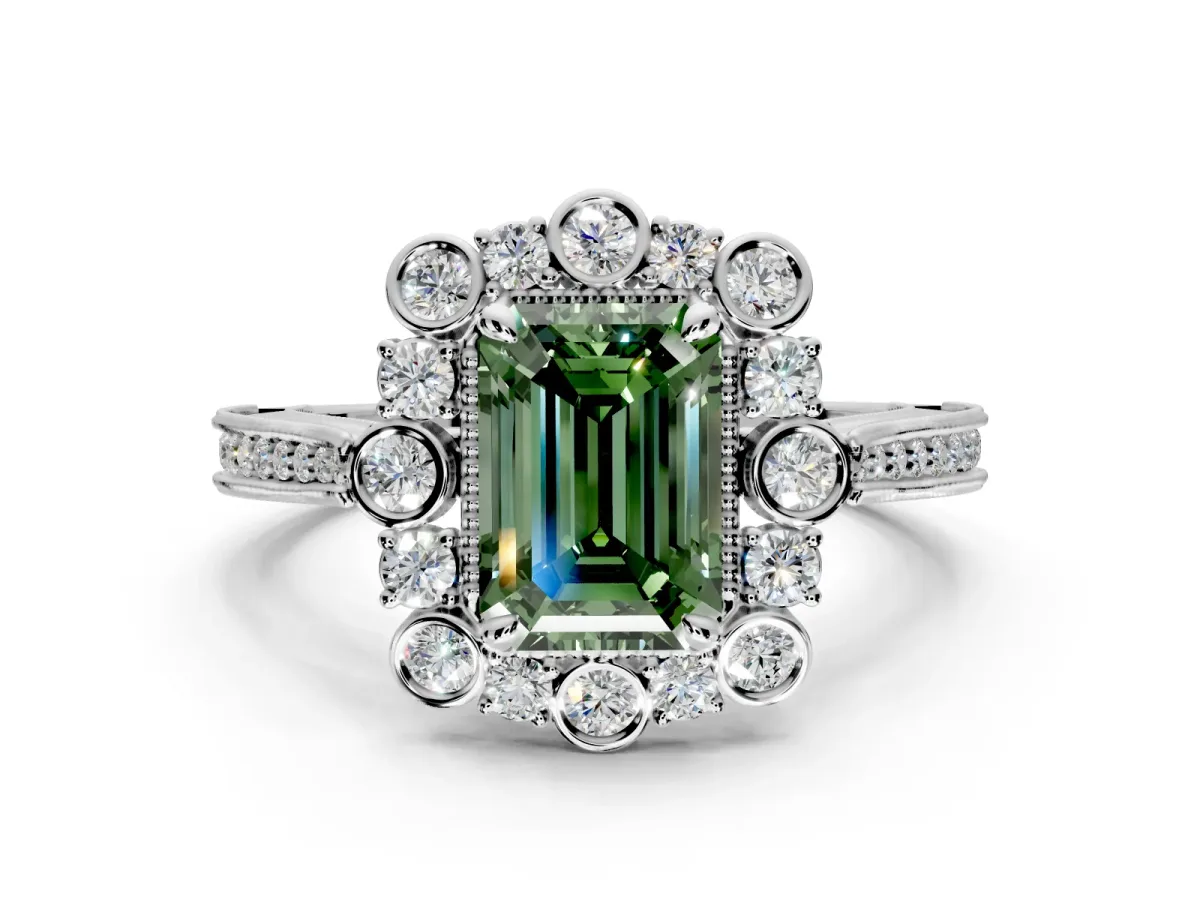 Milgrain Halo Engagement Ring Setting for Fancy Green Emerald Cut Center with Bezel Point Accents and Prong Head in Sterling Silver
