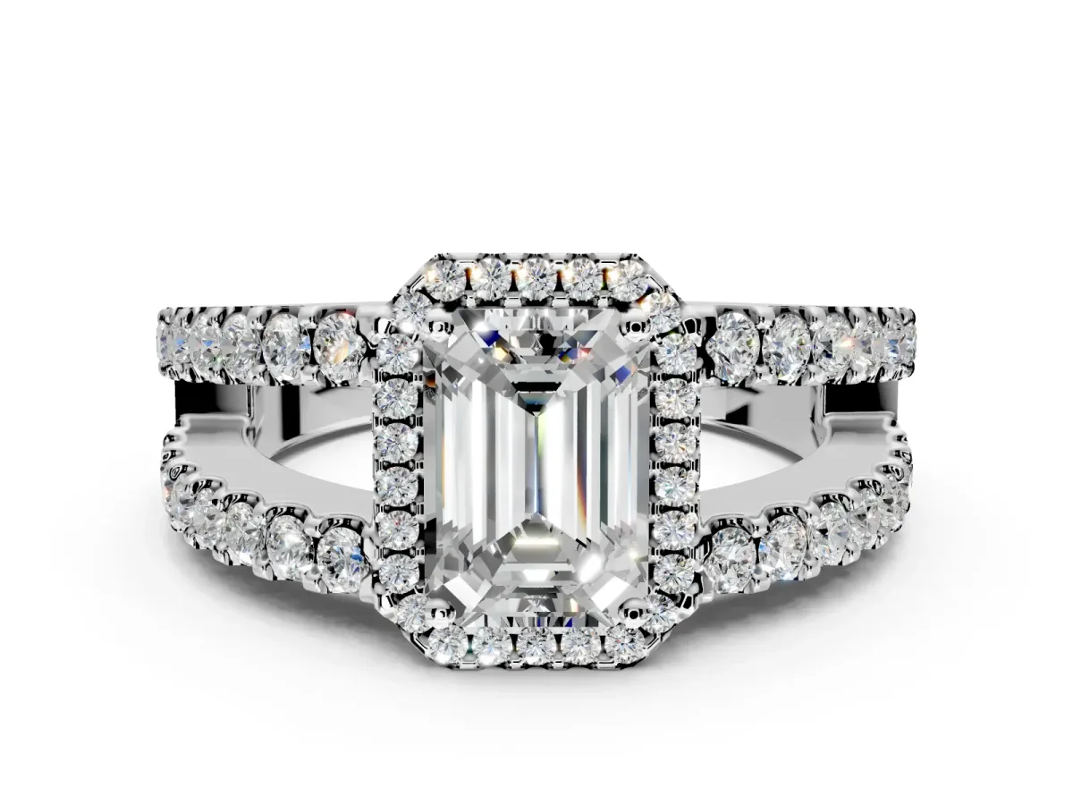 Halo Engagement Ring Setting for Emerald Cut Center with Wide-Open Pave Split Shank and Prong Head in Sterling Silver