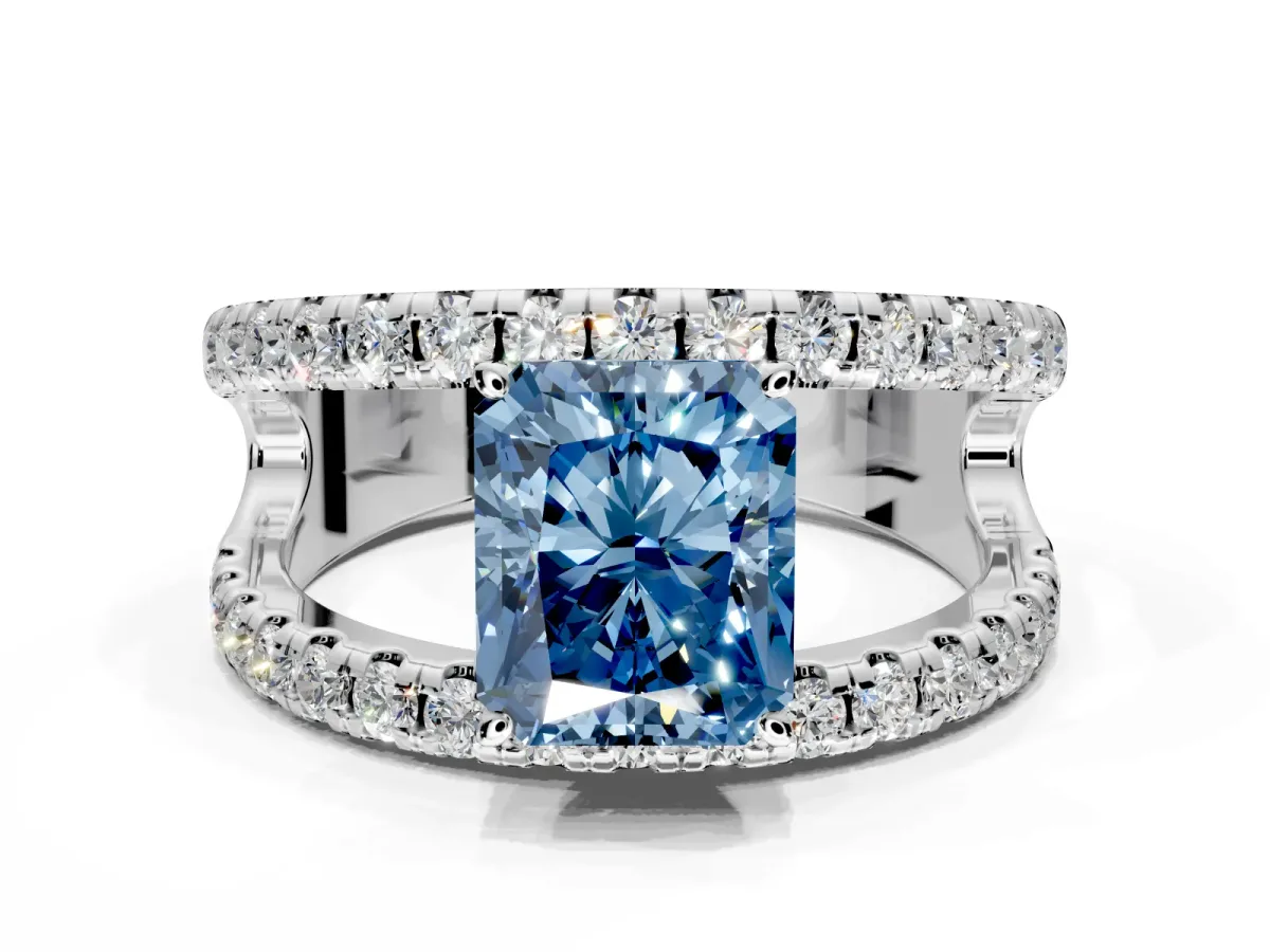 Solitaire Engagement Ring Setting for Fancy Blue Radiant Cut Center with Wide-Open Split Shank and Prong Head in Platinum