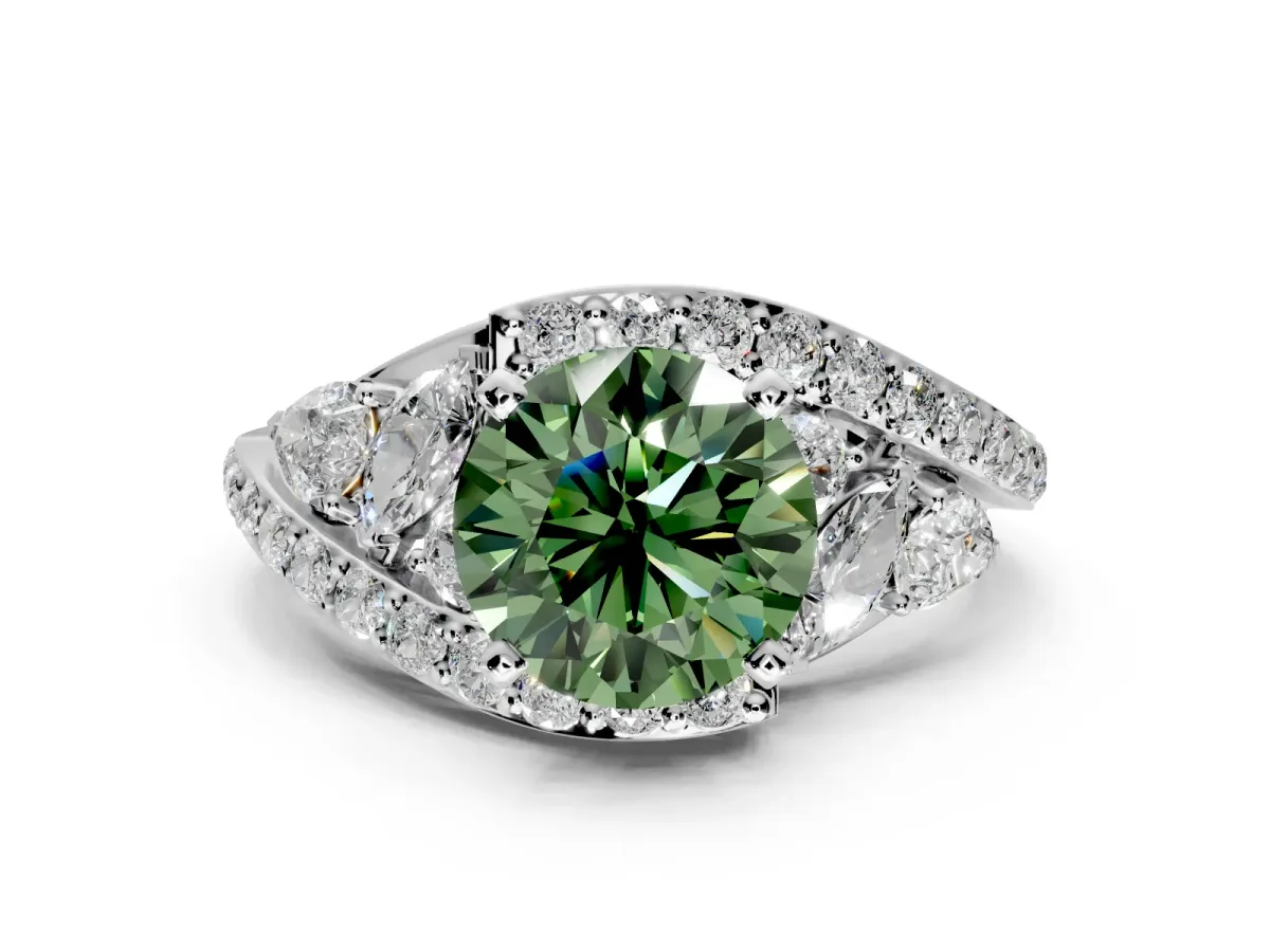 Halo Engagement Ring Setting for Fancy Green Round Cut Center with Marquise and Pave Bypass Band and Prong Head in Platinum