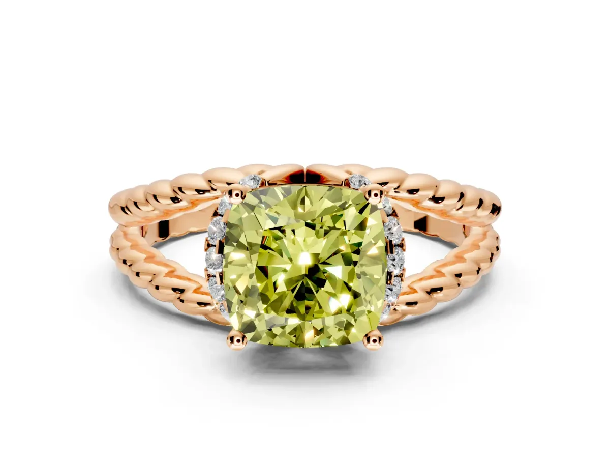 Halo Engagement Ring Setting for Fancy Yellow Cushion Cut Center with Rope Twist Split Shank and Prong Head in Rose Gold