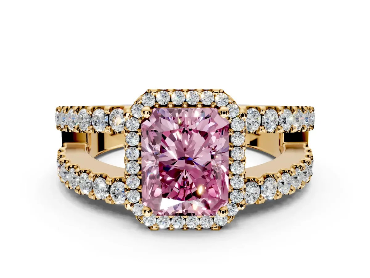 Halo Engagement Ring Setting for Fancy Pink Radiant Cut Center with Wide-Open Pave Split Shank and Prong Head in Yellow Gold