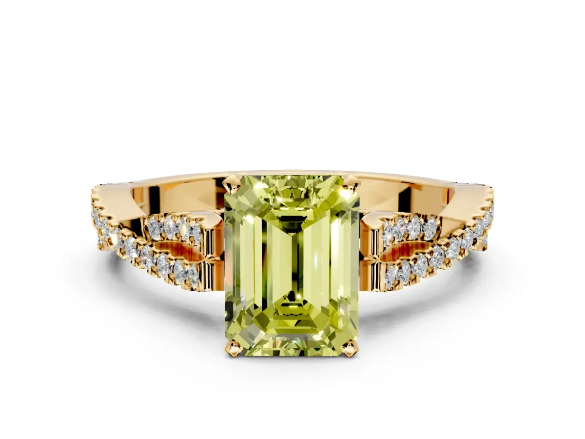 Solitaire Engagement Ring Setting for Fancy Yellow Emerald Cut Center with Twisted Pave Split Shank and Prong Head in Yellow Gold