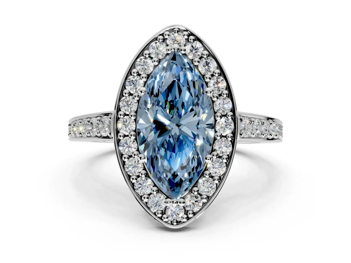 Bezel-Framed Halo Engagement Ring Setting for Fancy Blue Marquise Center with Pave Band and Prong Head in Sterling Silver