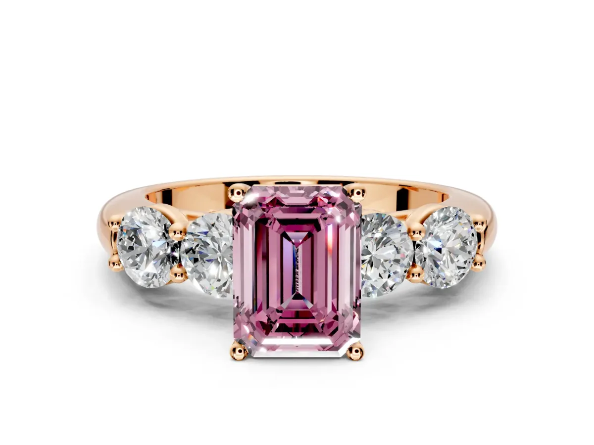 5 Stone Engagement Ring Setting for Fancy Pink Emerald Cut Center with Graduated Accents and Prong Head in Rose Gold