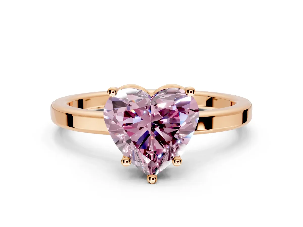 Hidden Halo Engagement Ring Setting for Fancy Pink Heart-Shaped Center with Wide Flat Plain Band and Prong Head in Rose Gold
