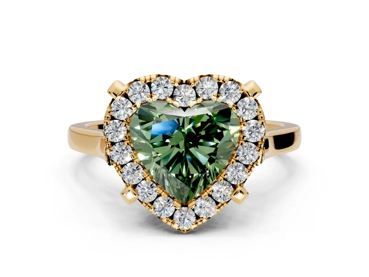 Single Halo Engagement Ring Setting for Fancy Green Heart-Shaped Center with Corner Claws, Plain Band and Prong Head in Yellow Gold