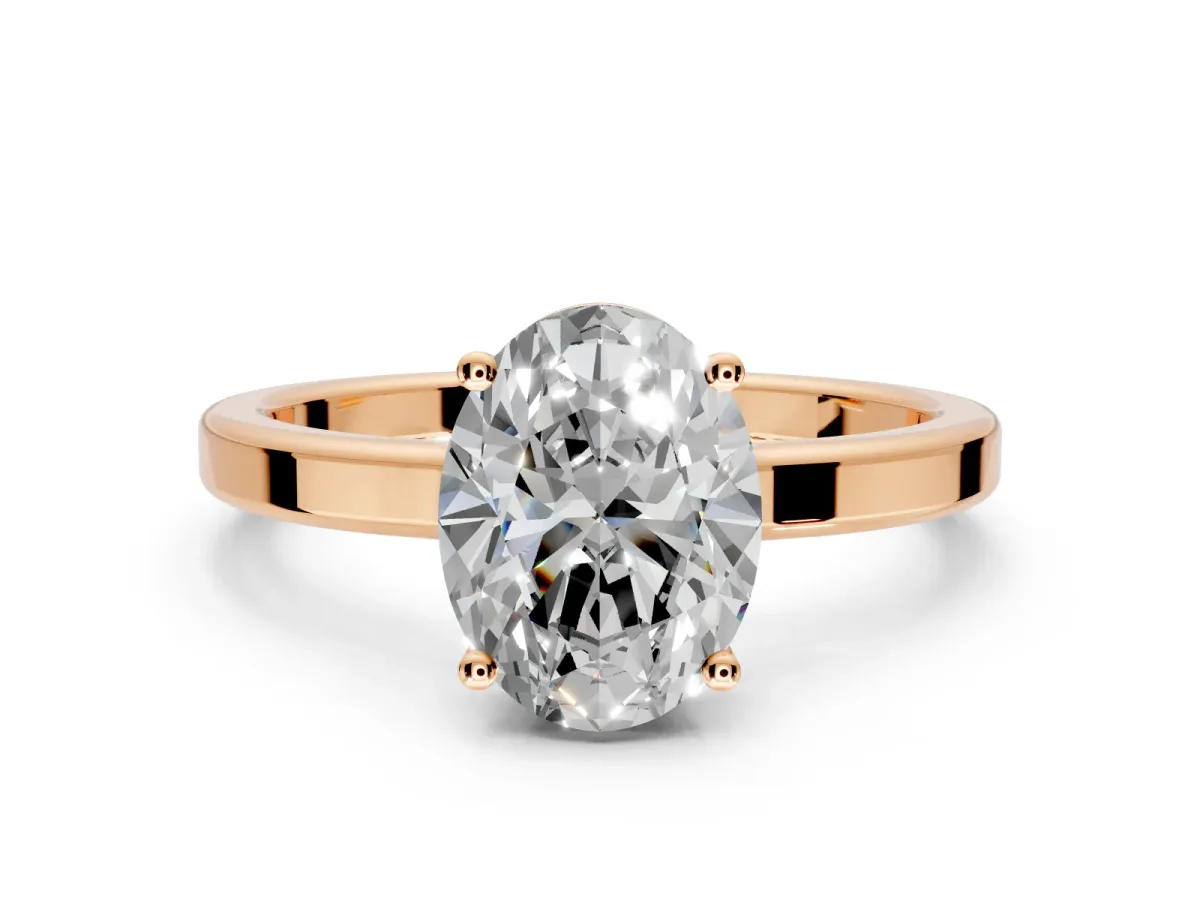 Hidden Halo Engagement Ring Setting for Oval Center with Wide Flat Plain Band and Prong Head in Rose Gold