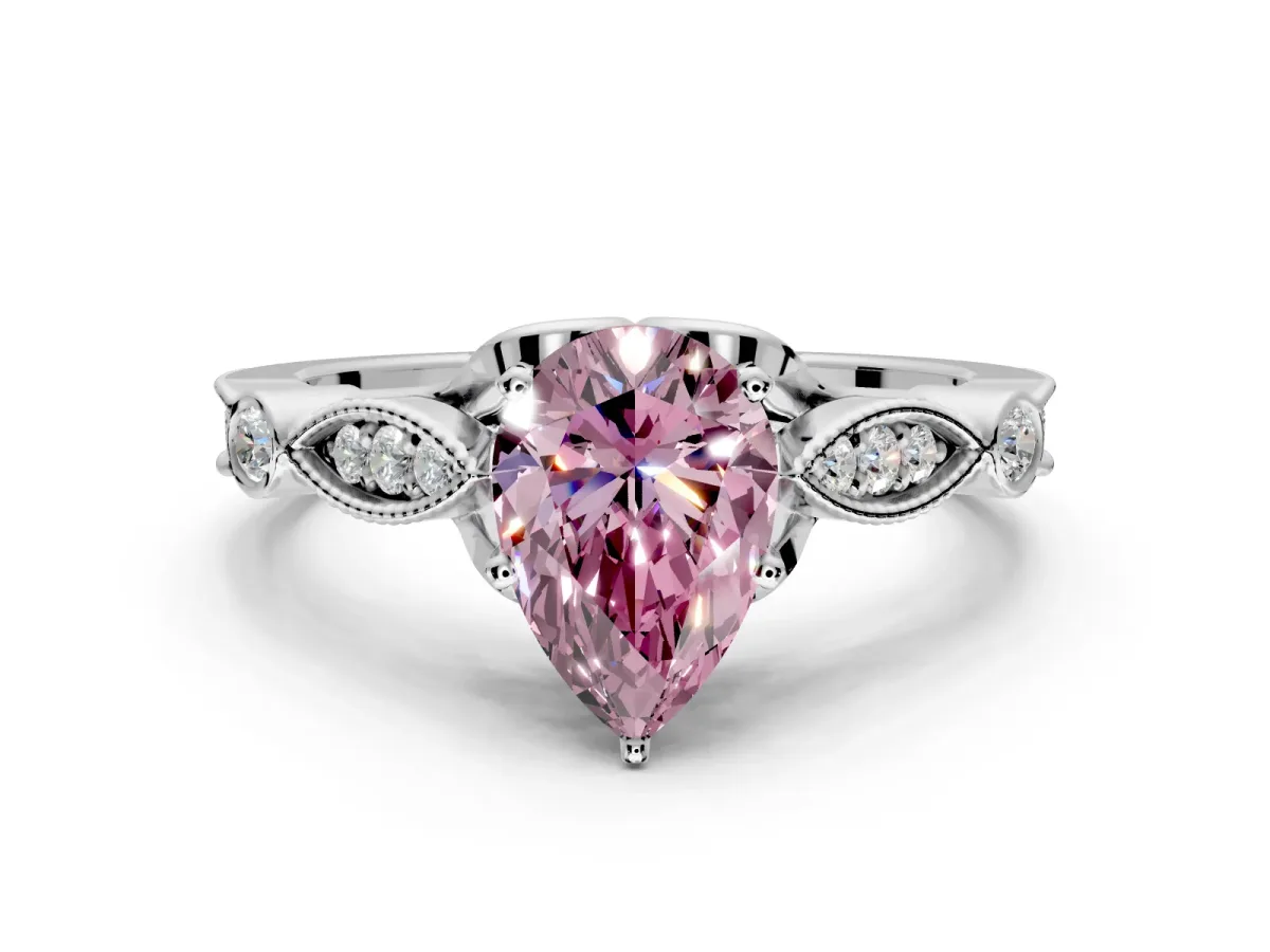 Solitaire Engagement Ring Setting for Fancy Pink Pear-Shaped Center with Marquise and Bezel Accents and Prong Head in White Gold