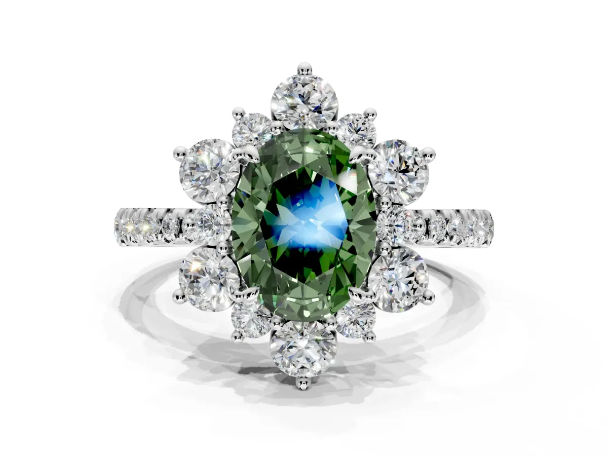 Floral Halo Engagement Ring Setting for Fancy Green Oval Center with Pave Accents and Prong Head in Sterling Silver