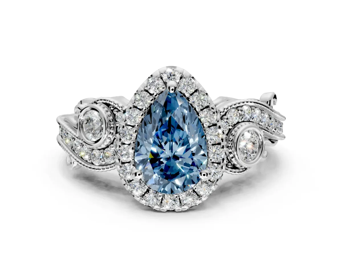 Milgrain Halo Engagement Ring Setting for Fancy Blue Pear-Shaped Center with Shoulder Bezels and Prong Head in White Gold