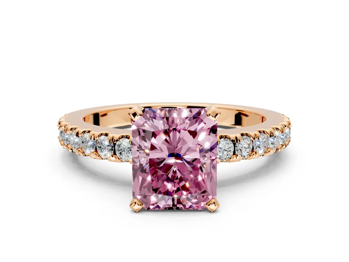 Solitaire Engagement Ring Setting for Fancy Pink Radiant Cut Center with Single Row Accent Band and Prong Head in Rose Gold