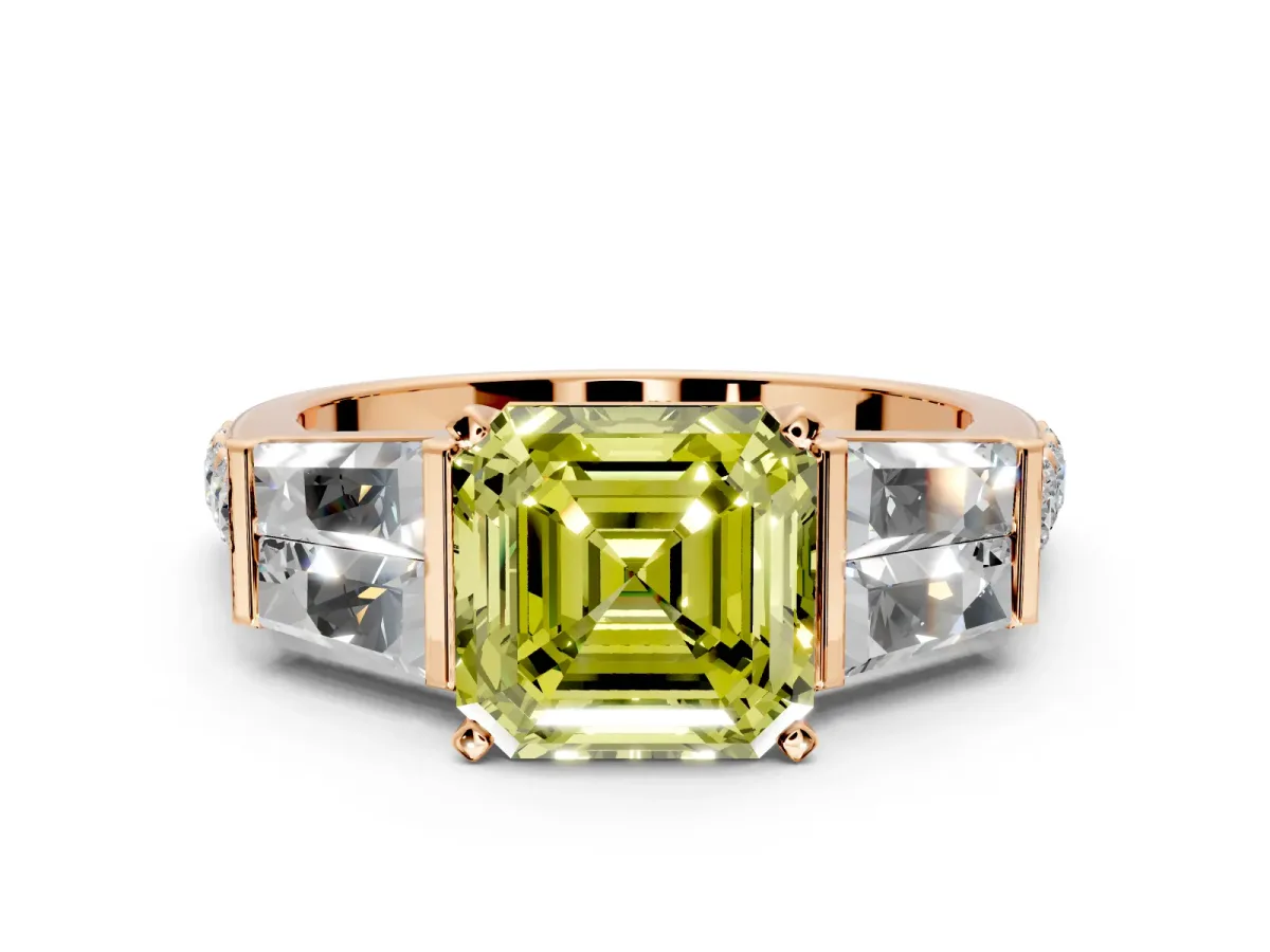 Channel-Set Engagement Ring Setting for Fancy Yellow Asscher Cut Center with Baguette Band and Prong Head in Rose Gold