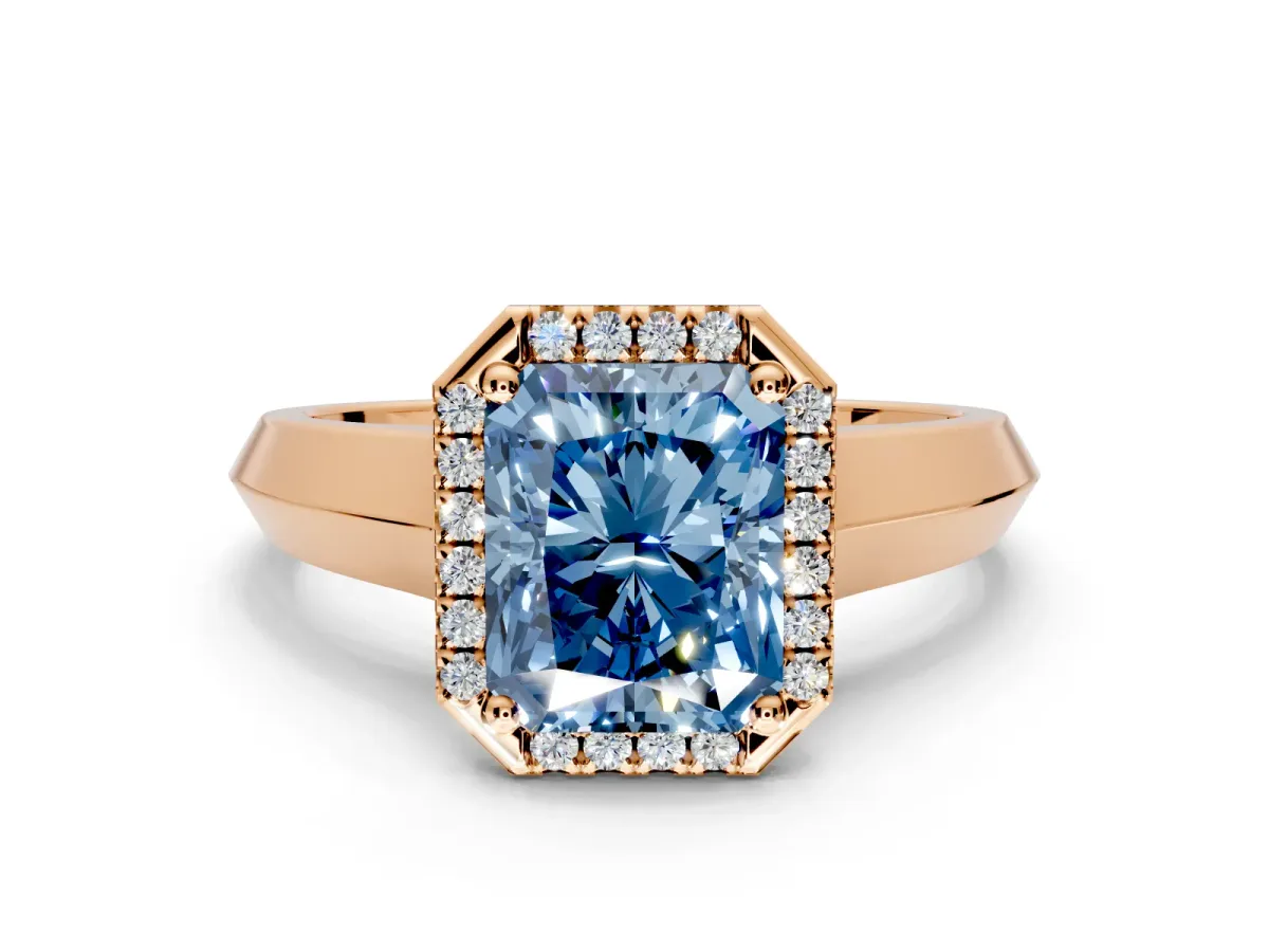 Halo Engagement Ring Setting for Fancy Blue Radiant Cut Center with Knife Ridge Cathedral Band and Prong Head in Rose Gold
