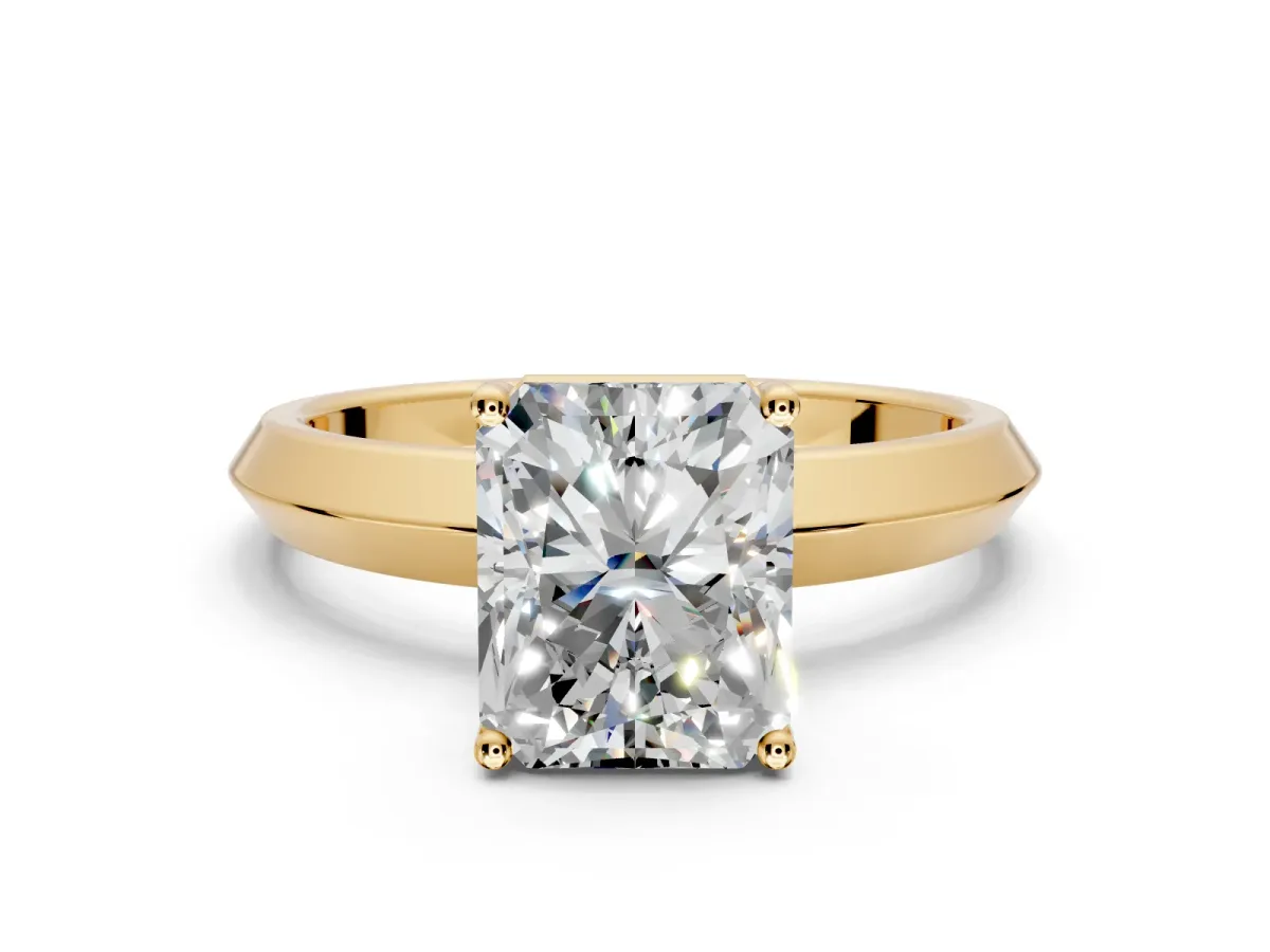 Solitaire Engagement Ring Setting for Radiant Cut Center with Wide Knife Ridge Band and Prong Head in Yellow Gold