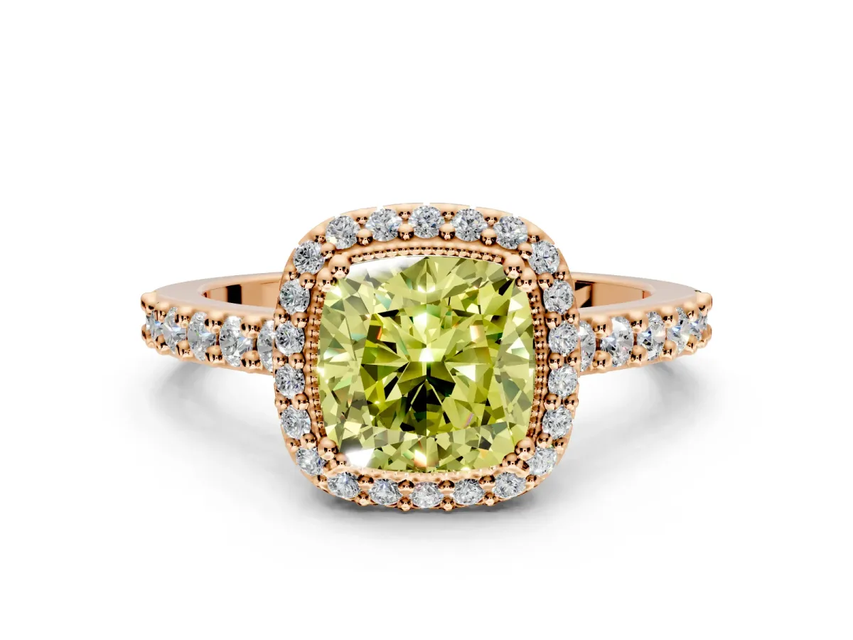 Halo Engagement Ring Setting for Fancy Yellow Cushion Cut Center with Inner Milgrain Border and Prong Head in Rose Gold