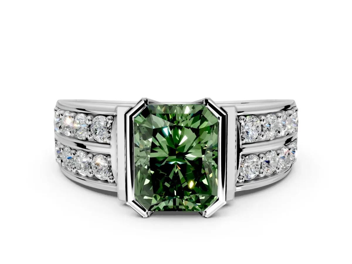 Bezel Engagement Ring Setting for Fancy Green Radiant Cut Center with Wide Channel-Set Band and Bezel Head in Platinum