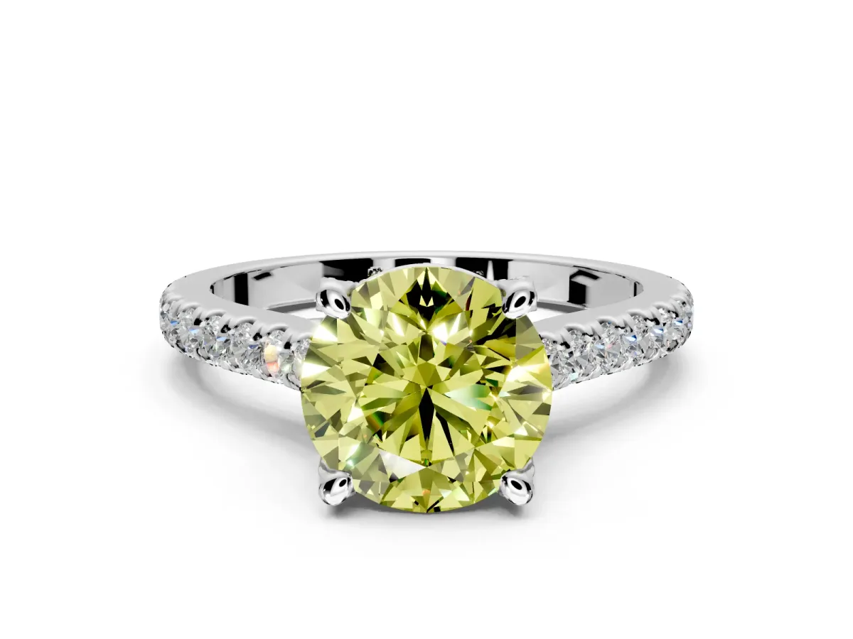 Solitaire Engagement Ring Setting for Fancy Yellow Round Cut Center with Widening Pave Band and Claw Prong Head in Platinum